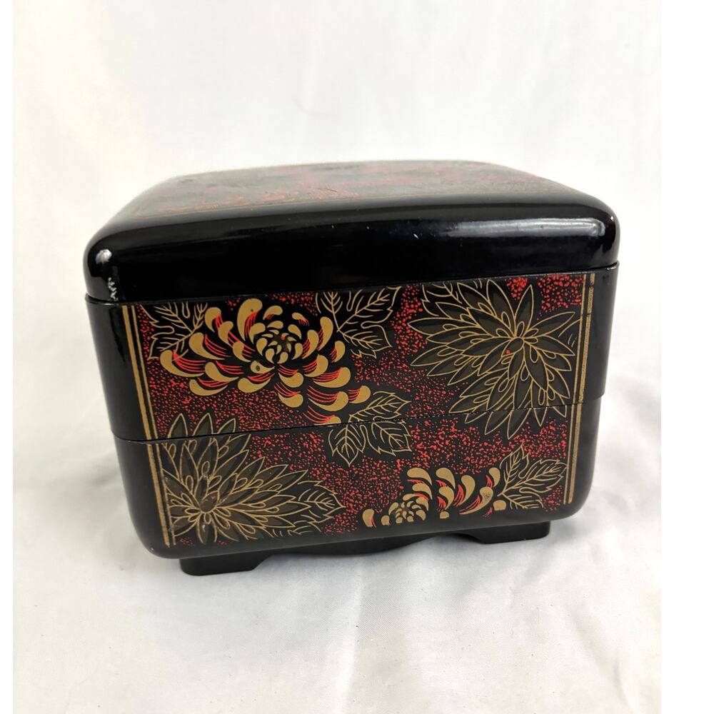 VTG Black Floral Lacquered Jewelry Box 2 Tier Trinket Case With Lid Asian‎ Style